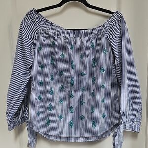 J. Crew Blue and White Smocked 3/4 Sleeve Blouse